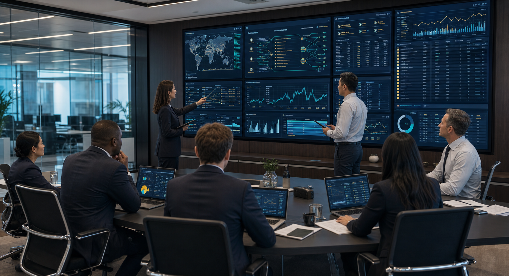 Treasury operations team reviewing secure settlement dashboards